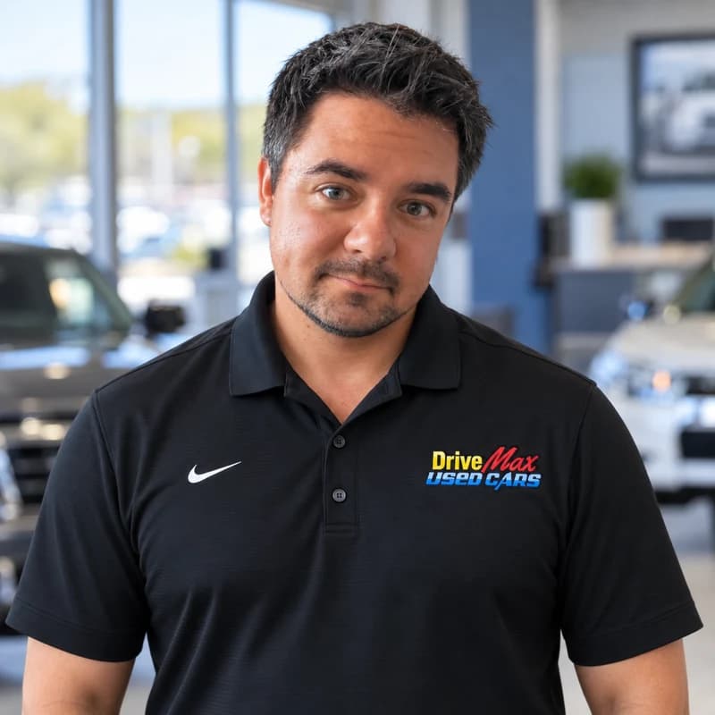 Kyle Kratoville wearing a black Nike polo with the Drive Max Used Cars logo