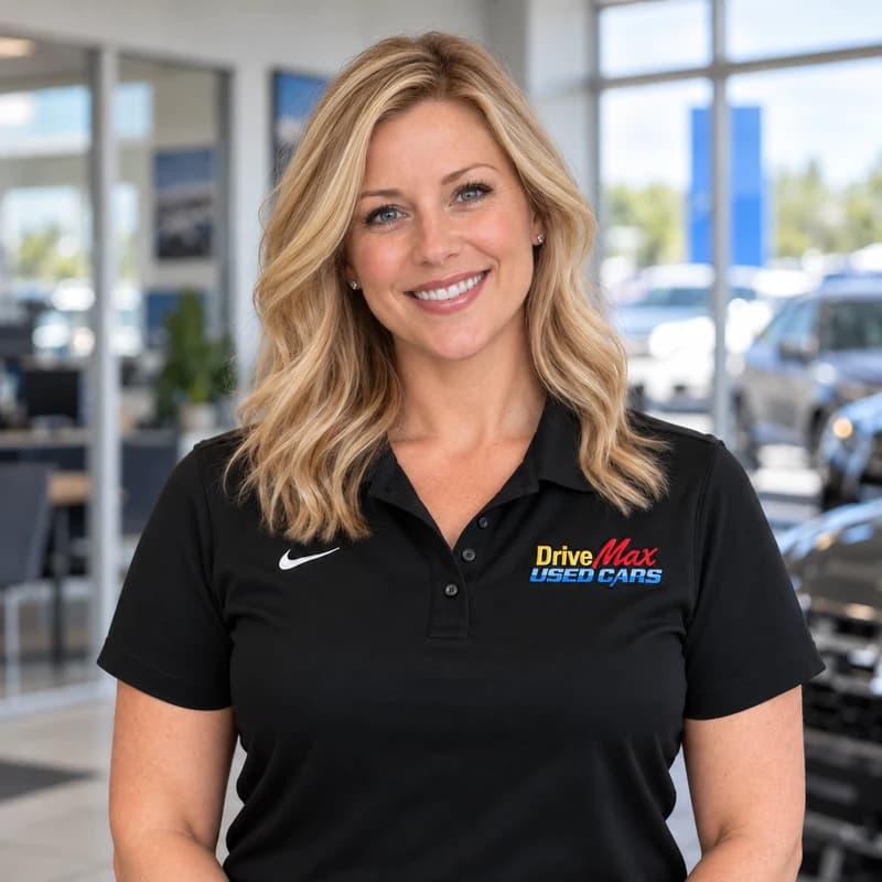 AI-generated portrait of fictional Internet Sales Manager Lauren Hayes, wearing a black Nike polo with the Drive Max logo