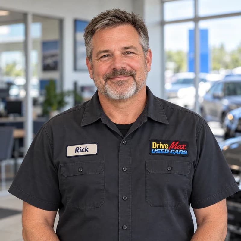 AI-generated portrait of fictional mechanic Rick Lawson, wearing a charcoal button-down work shirt with Rick and Drive Max Used Cars patches